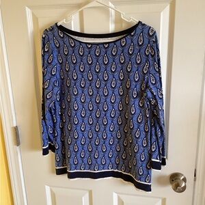 Talbots Blue and Black Leaf Pattern 3/4 Sleeve Top